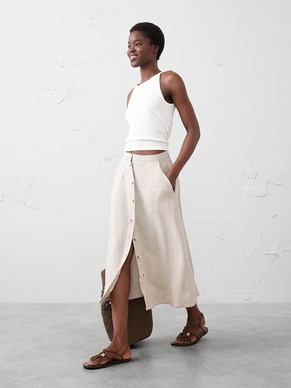 Banana Republic LINEN-BLEND BUTTONED MIDI SKIRT